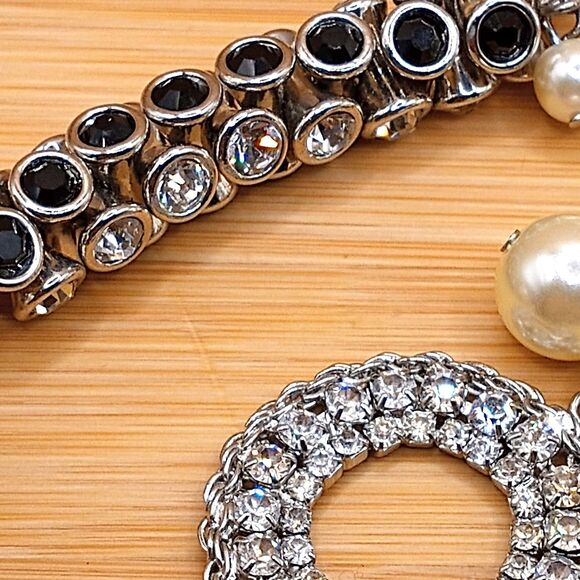 Vintage Mixed Media Faux Pearls, Clear & Black Rhinestones Lucite Beads Necklace - Picture 4 of 8